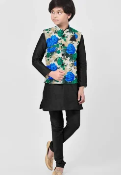 Printed Art Silk Kurta Set in Black