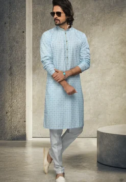 Printed Art Silk Kurta Set in Sky Blue