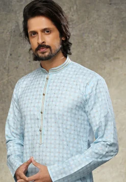 Printed Art Silk Kurta Set in Sky Blue