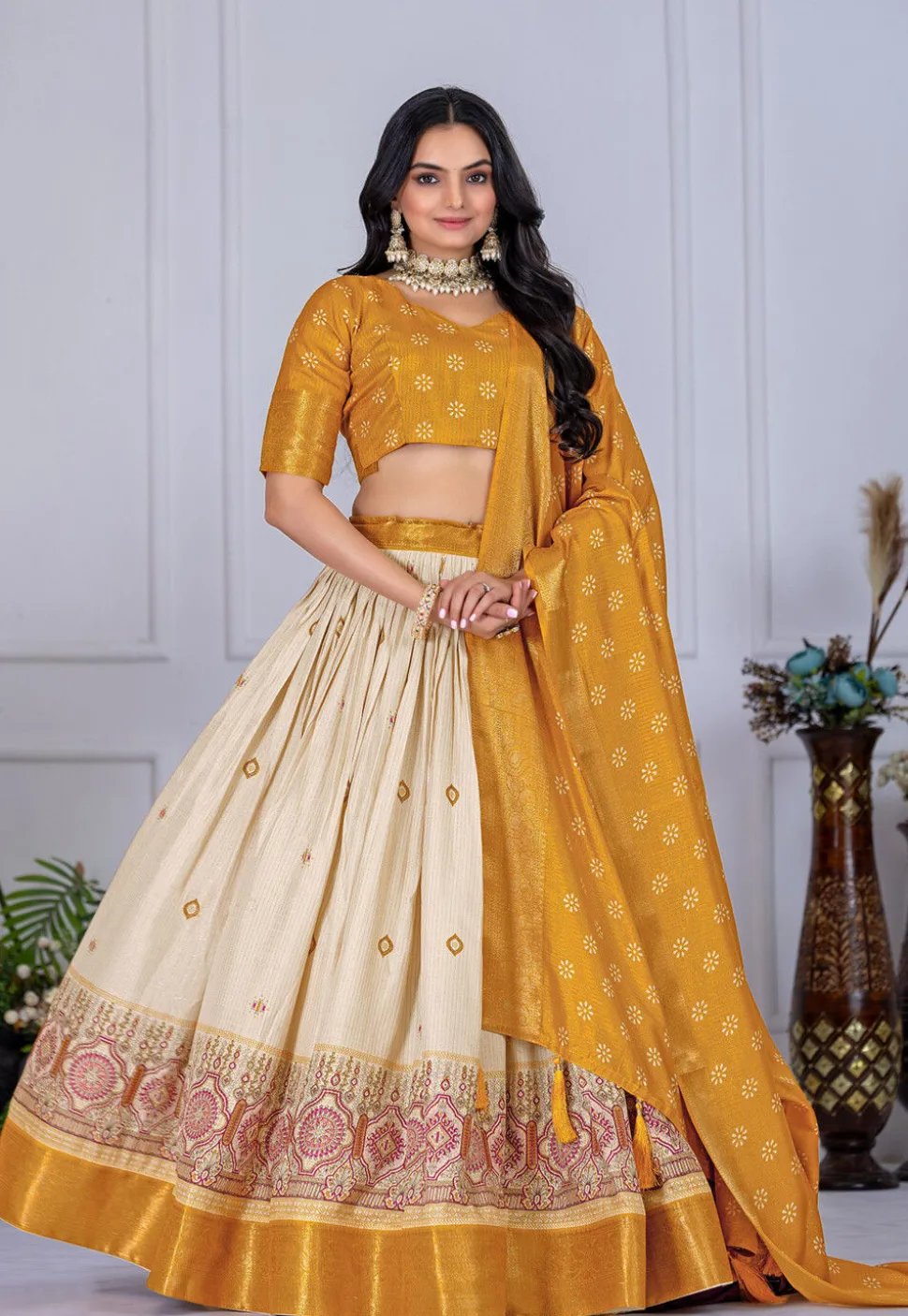 Printed Art Silk Lehenga in Cream