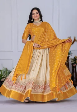 Printed Art Silk Lehenga in Cream