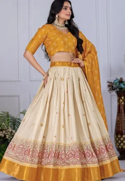 Printed Art Silk Lehenga in Cream