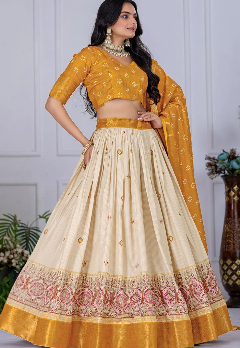 Printed Art Silk Lehenga in Cream