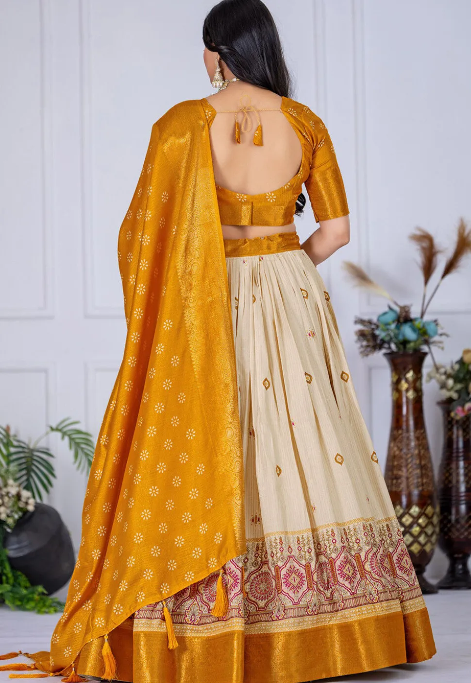 Printed Art Silk Lehenga in Cream