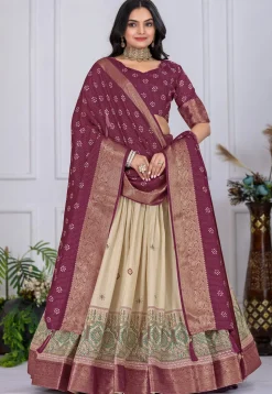 Printed Art Silk Lehenga in Cream