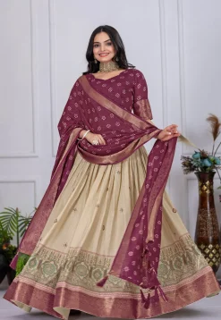 Printed Art Silk Lehenga in Cream