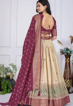 Printed Art Silk Lehenga in Cream