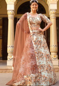Printed Art Silk Lehenga in Cream