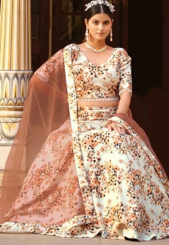 Printed Art Silk Lehenga in Cream