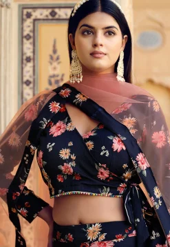 Printed Art Silk Lehenga in Navy Blue