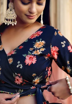Printed Art Silk Lehenga in Navy Blue