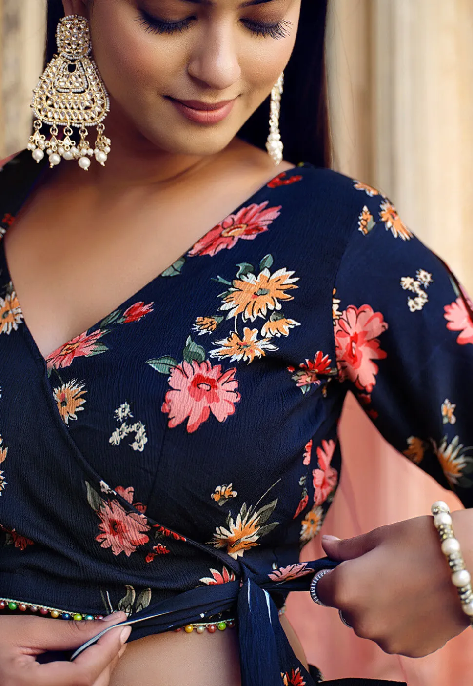 Printed Art Silk Lehenga in Navy Blue