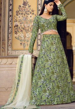 Printed Art Silk Lehenga in Green