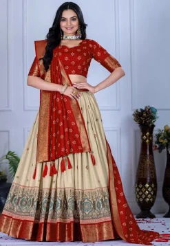 Printed Art Silk Lehenga in Cream