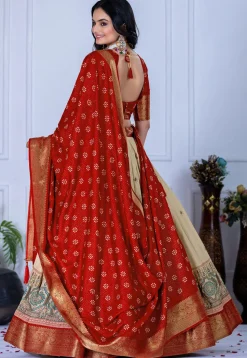 Printed Art Silk Lehenga in Cream