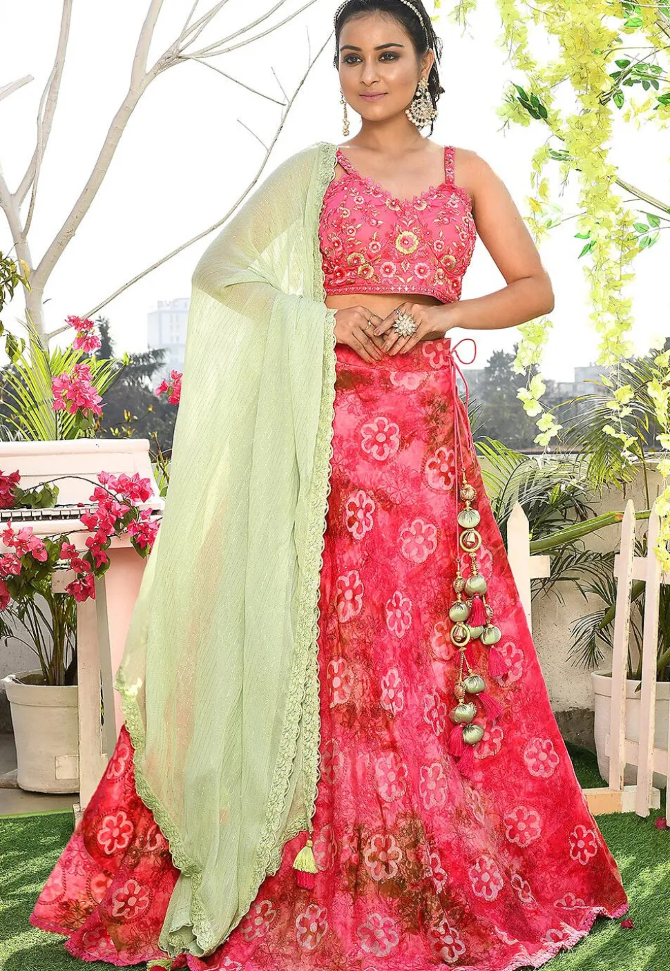 Printed Art Silk Lehenga in Coral Pink