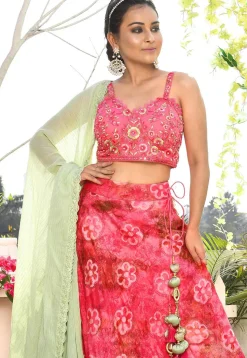 Printed Art Silk Lehenga in Coral Pink