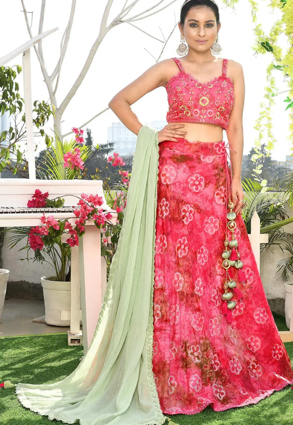Printed Art Silk Lehenga in Coral Pink