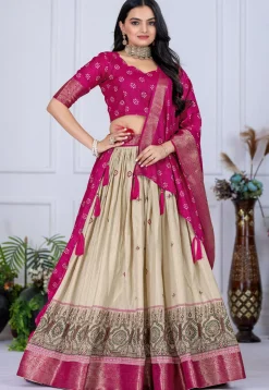 Printed Art Silk Lehenga in Cream