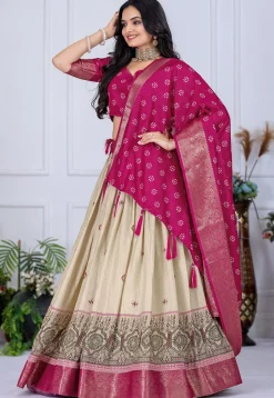 Printed Art Silk Lehenga in Cream