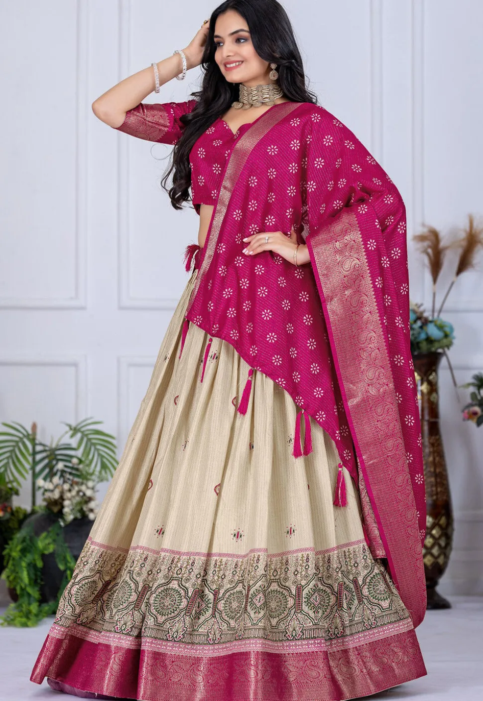 Printed Art Silk Lehenga in Cream