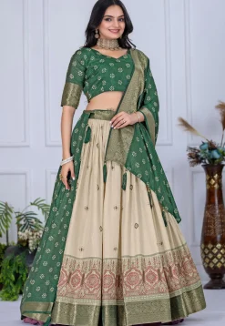 Printed Art Silk Lehenga in Cream