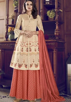 Printed Art Silk Lehenga in Cream