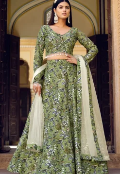 Printed Art Silk Lehenga in Green