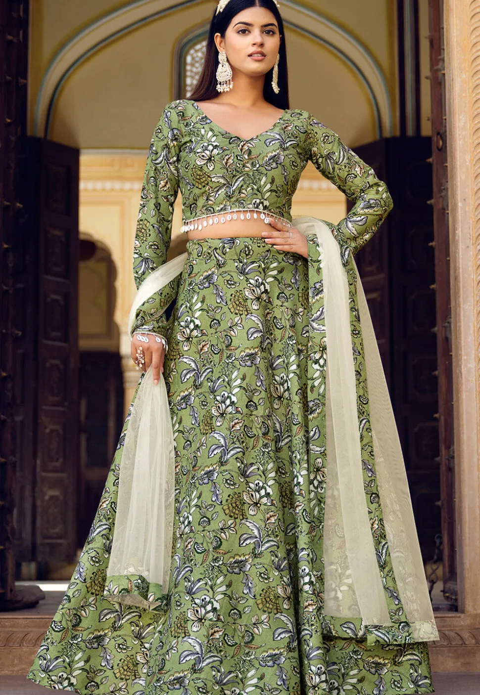 Printed Art Silk Lehenga in Green