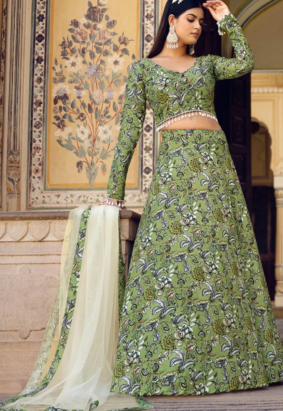 Printed Art Silk Lehenga in Green