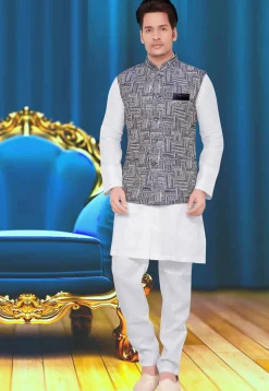 Printed Art Silk Nehru Jacket in Navy Blue