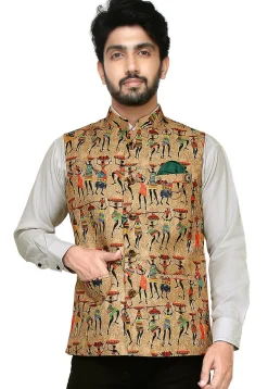 Printed Art Silk Nehru Jacket in Beige
