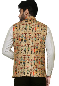 Printed Art Silk Nehru Jacket in Beige
