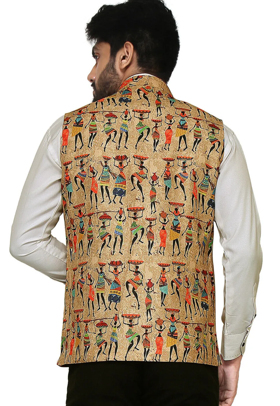 Printed Art Silk Nehru Jacket in Beige