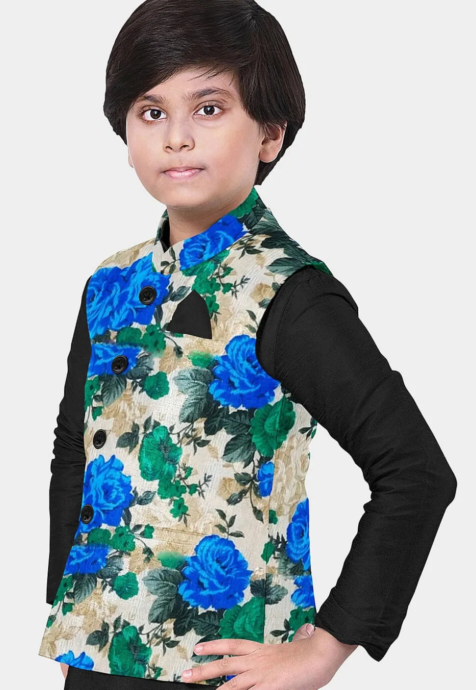 Printed Art Silk Nehru Jacket in Beige