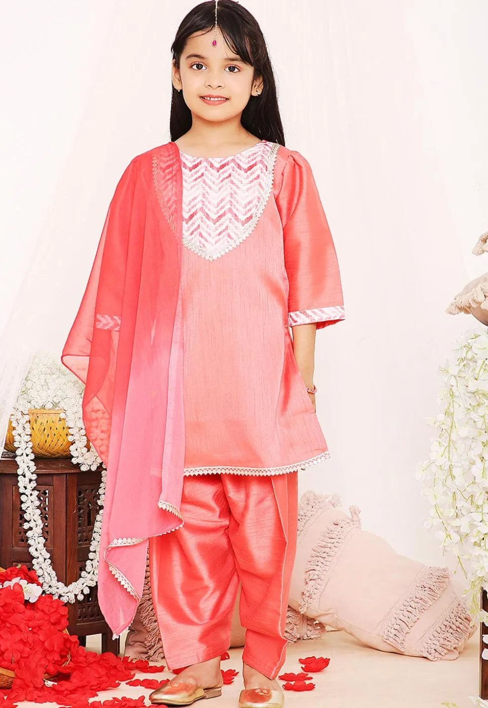 Printed Art Silk Punjabi Suit in Peach