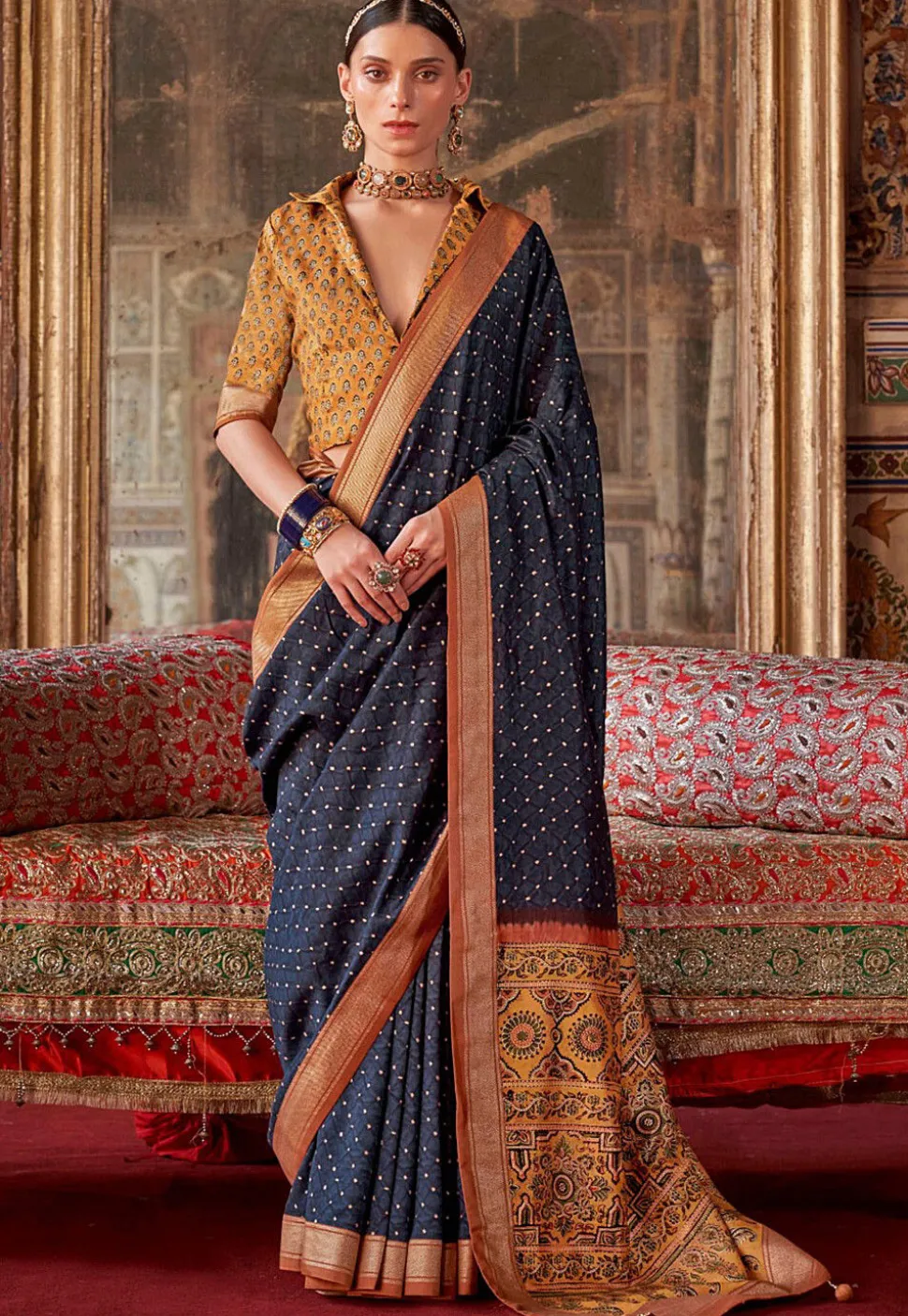 Printed Art Silk Saree in Navy Blue