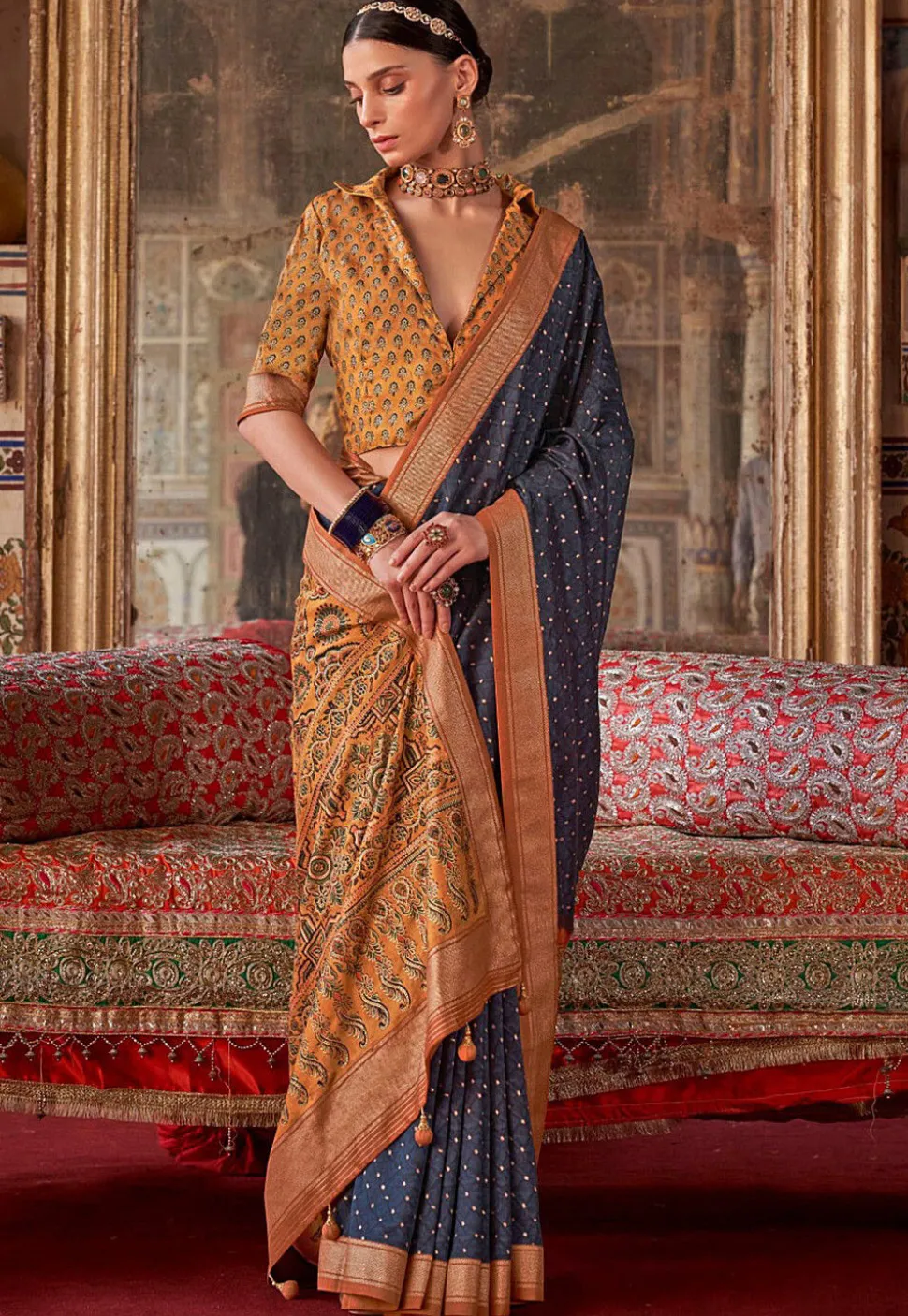 Printed Art Silk Saree in Navy Blue