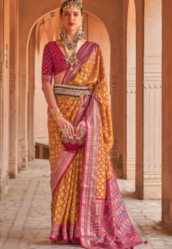 Printed Art Silk Saree in Dark Mustard