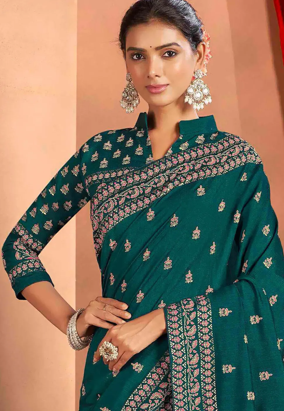 Printed Art Silk Saree in Teal Green