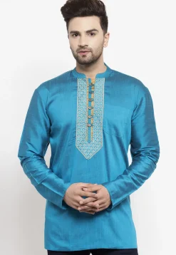 Printed Art Silk Short Kurta in Light Blue