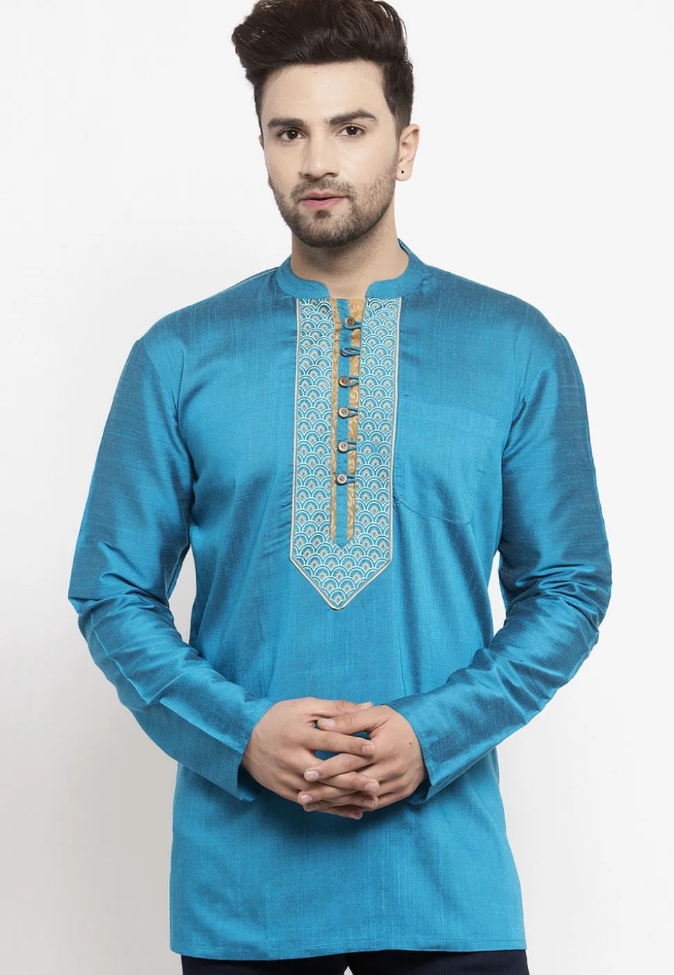 Printed Art Silk Short Kurta in Light Blue