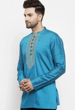 Printed Art Silk Short Kurta in Light Blue