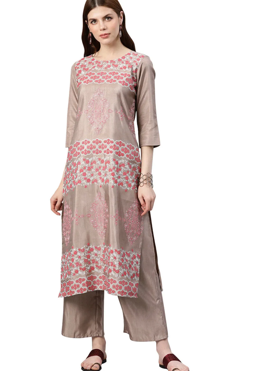 Printed Art Silk Straight Kurta in Beige
