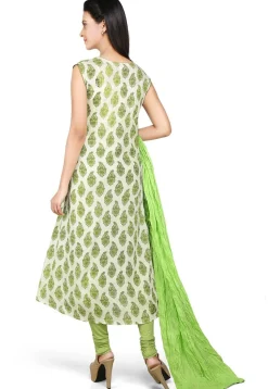 Printed Asymmetric A Line Rayon Suit in Off White and Green