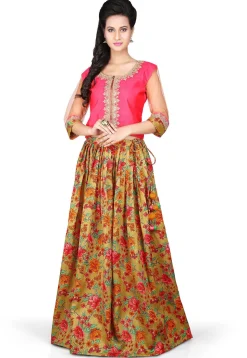 Printed Bhagalpuri Art Silk Lehenga in Olive Green
