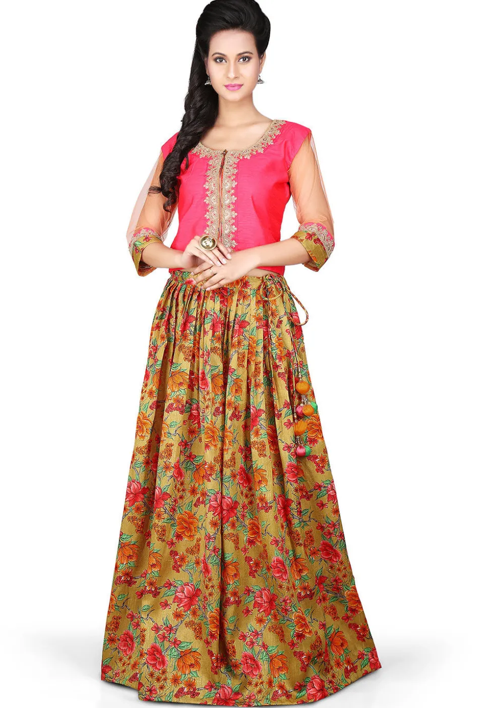 Printed Bhagalpuri Art Silk Lehenga in Olive Green