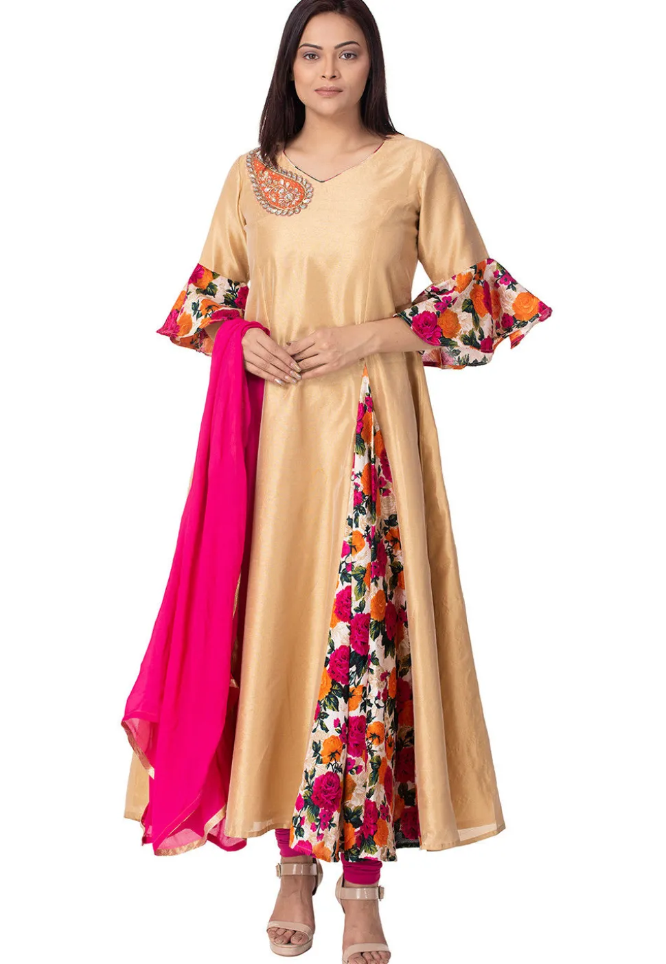 Printed Bhagalpuri Silk A Line Suit in Beige