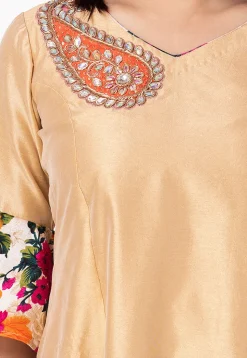 Printed Bhagalpuri Silk A Line Suit in Beige