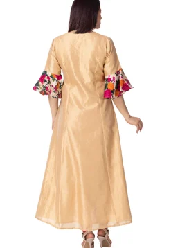 Printed Bhagalpuri Silk A Line Suit in Beige